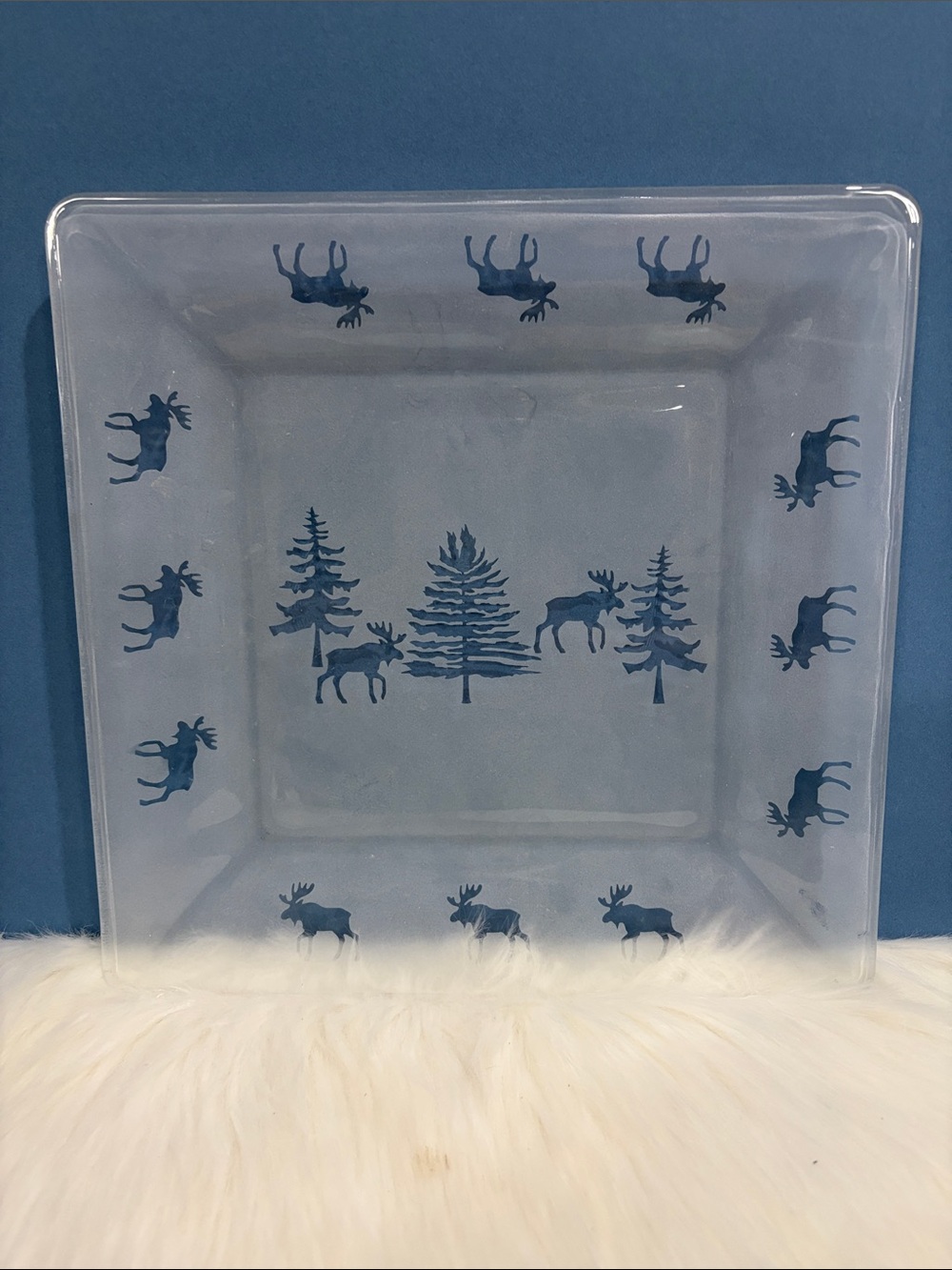 Square Glass Serving Platter with Blue Moose & Pine Tree Motif
